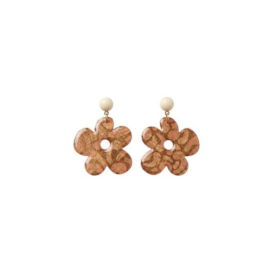 Rose Poudré & Cuivre — pendantes pâquerette · papier Lokta résiné · cabochon ivoire · fait main France 🇫🇷