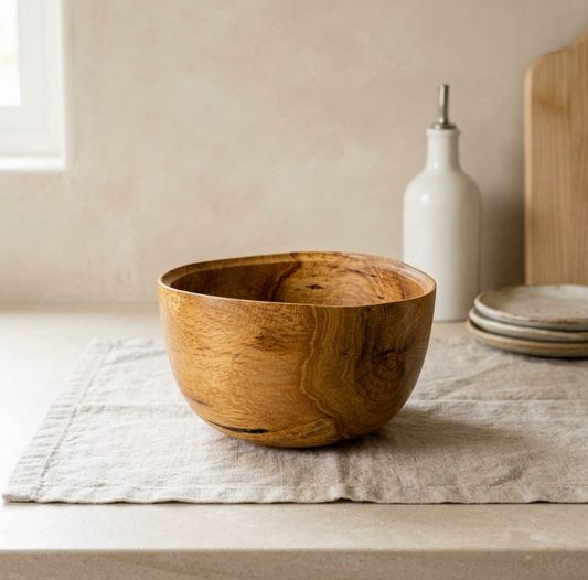 Bol en bois fait-main tannée, forme ronde, intérieur creusé, veinures visibles.