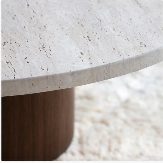 Set of travertine and beech wood coffee tables