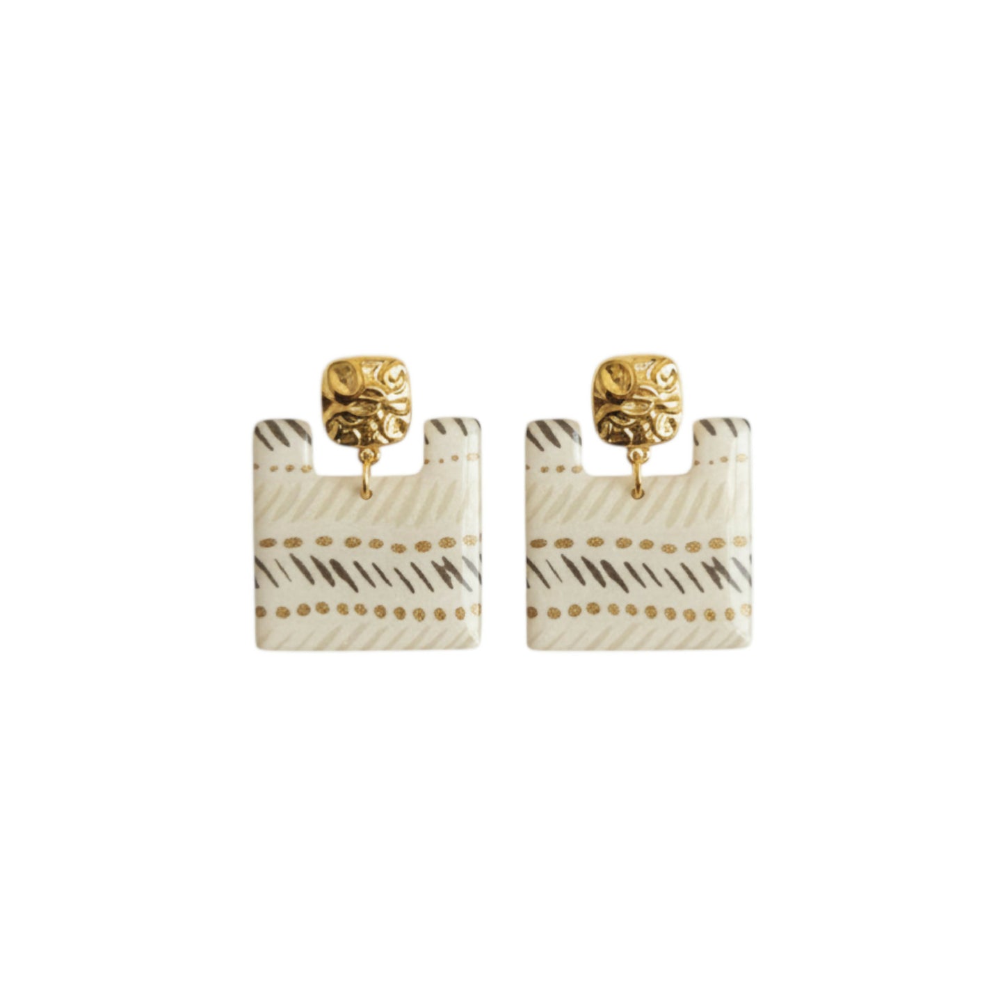 Écru & Or — boucles carrées évidées · hachures anthracite & pointillés dorés · clous martelés · fait main France 🇫🇷