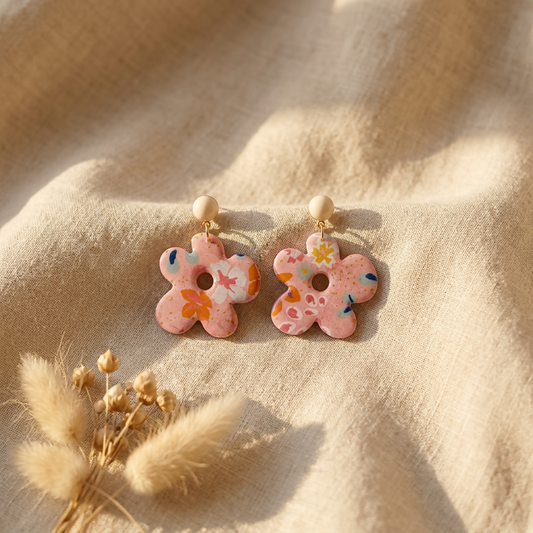 Jardin Fleuri — pendantes pâquerette · papier indien floral résiné · rose, orange, bleu & or · fait main France 🇫🇷
