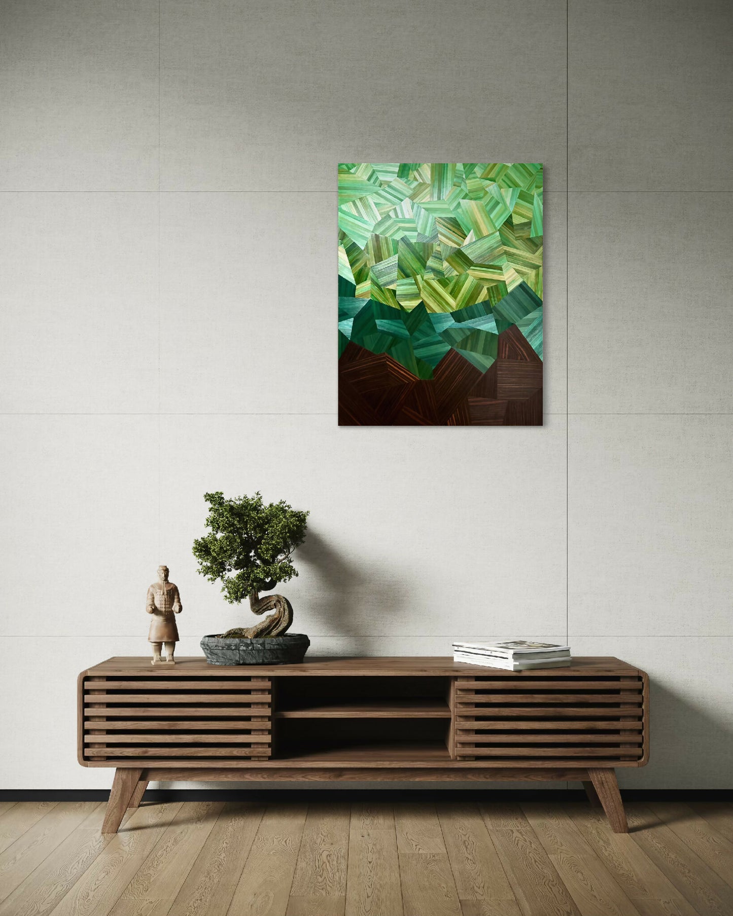 Tableau décoratif abstrait vert, formes en cubes avec dégradés, base brun foncé, cadre noir.