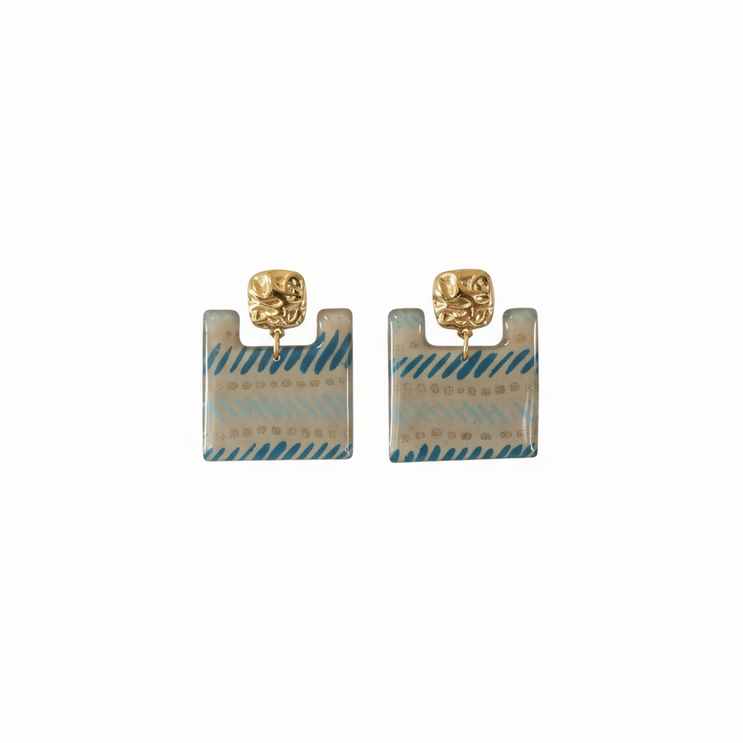 Bleu Azur & Or — boucles carrées évidées · rayures & pointillés dorés · clous martelés · fait main France 🇫🇷