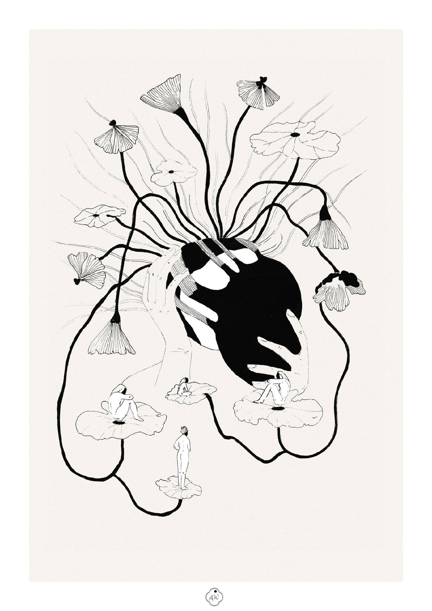 Illustration A3 à l’encre noire, silhouette noire et fleurs stylisées, tracés fins
