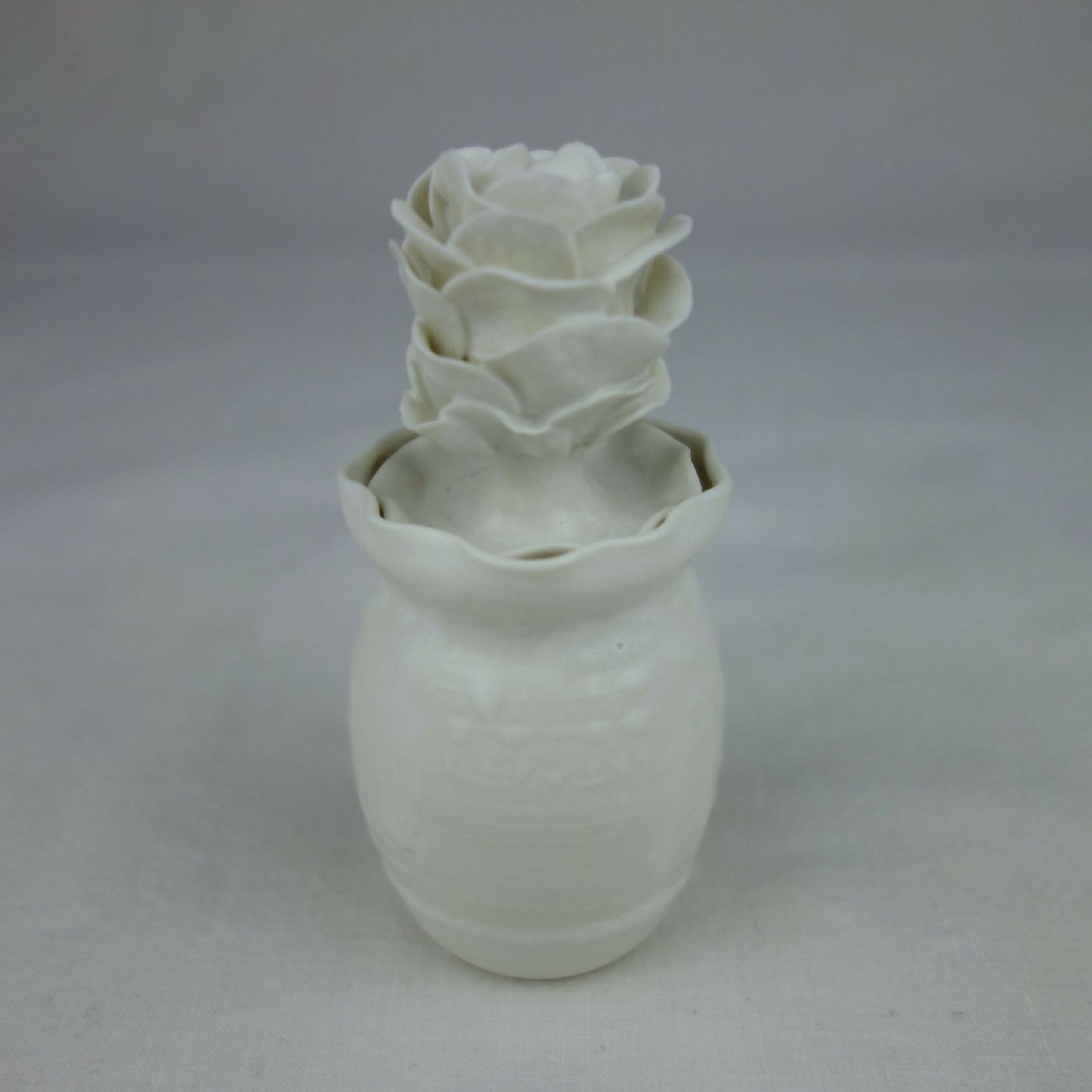 Vase en céramique blanc, fleurs en relief sur le dessus, vue arrière légèrement.