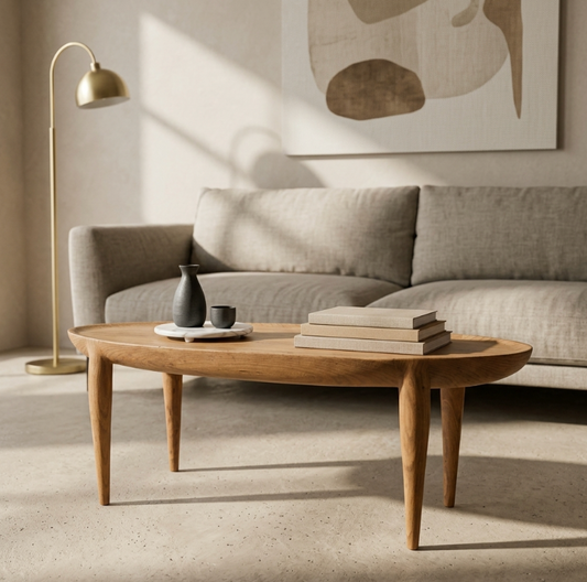 Table basse en bois au plateau ovale, pieds fuselés, avec livres et petit vase.