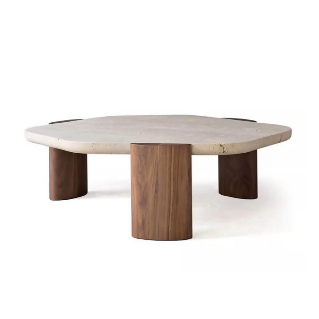 Table basse en travertin & pieds en bois de noyer