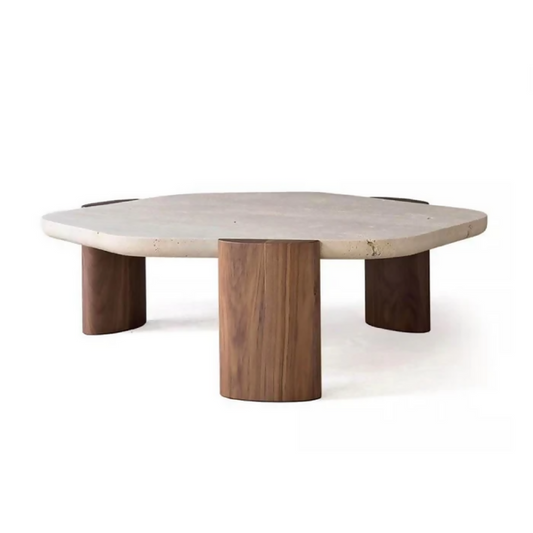 Table basse en travertin & pieds en bois de noyer