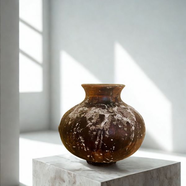 Vase en poterie brun foncé, forme arrondie, col évasé, éclats blanchâtres visibles.