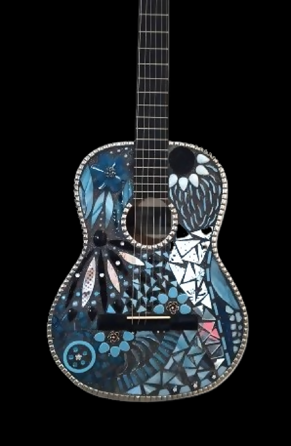 Guitare décorative « Saphir » bleu, motifs mosaïque sur la caisse et le pickguard