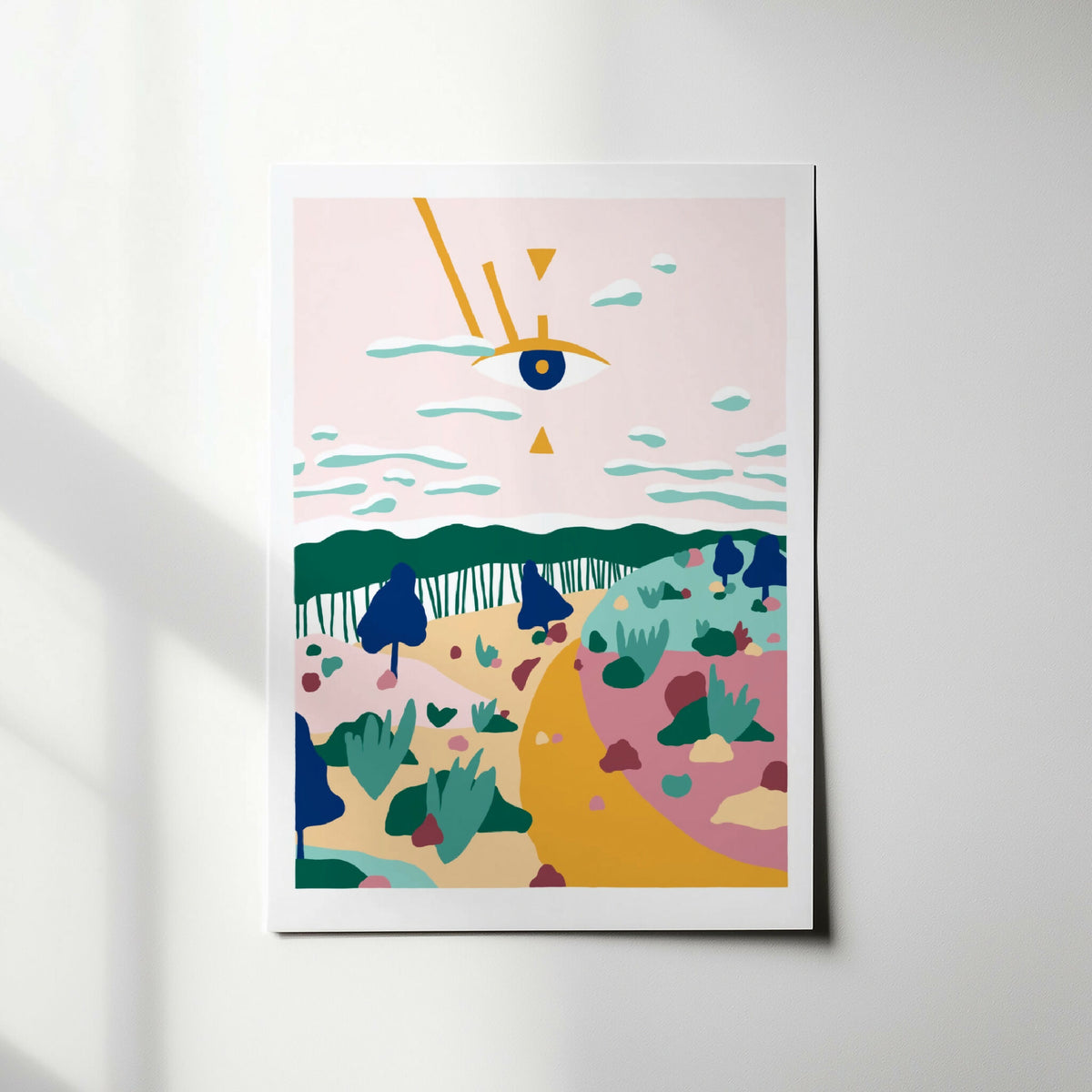 Affiche encadrée avec paysage abstrait coloré, œil stylisé et mer ondulée