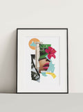 Collage encadré avec visage découpé, fleurs roses et formes colorées