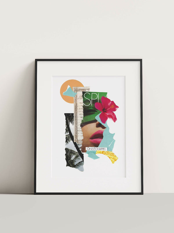 Collage encadré avec visage découpé, fleurs roses et formes colorées