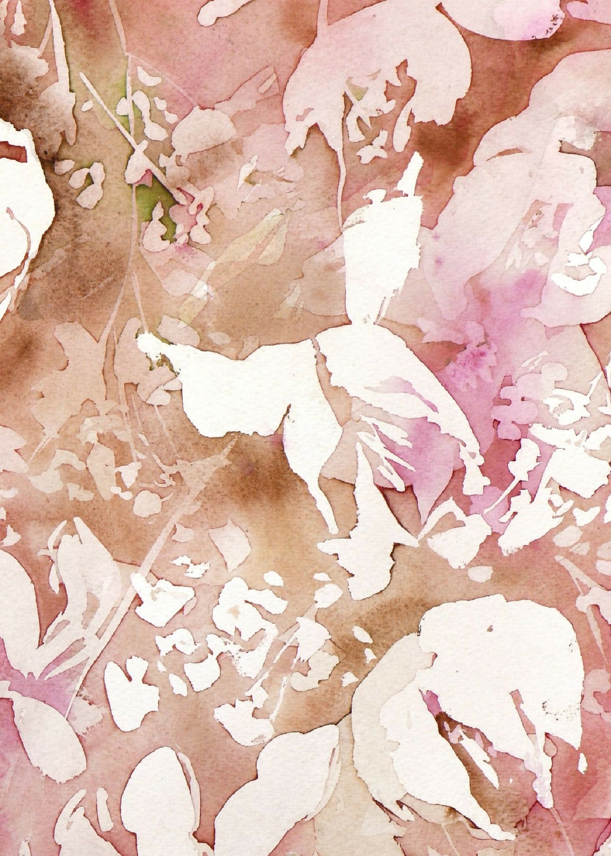 Aquarelle originale, gros plan de fleurs abstraites beiges, roses et blancs