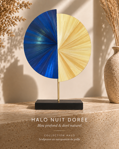 HALO Nuit dorée — Sculpture en marqueterie de paille Ø30 cm