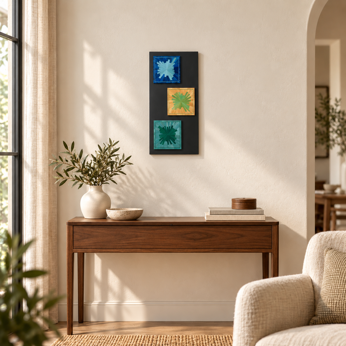 Trilogie de lumière — Tableau en marqueterie de paille