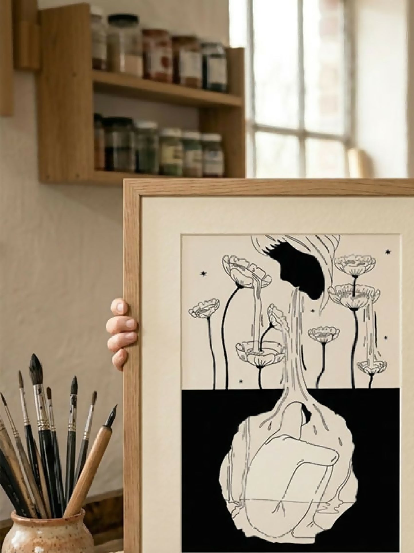 Refuge illustration à l’encre noire A4