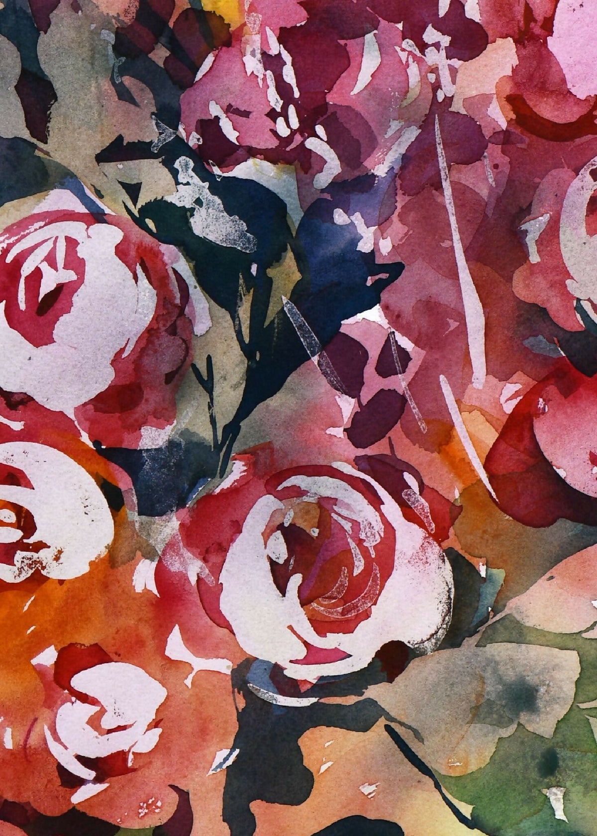 Détail d’aquarelle de roses rouges et blanches, feuillage vert bleuté, textures pigmentées.