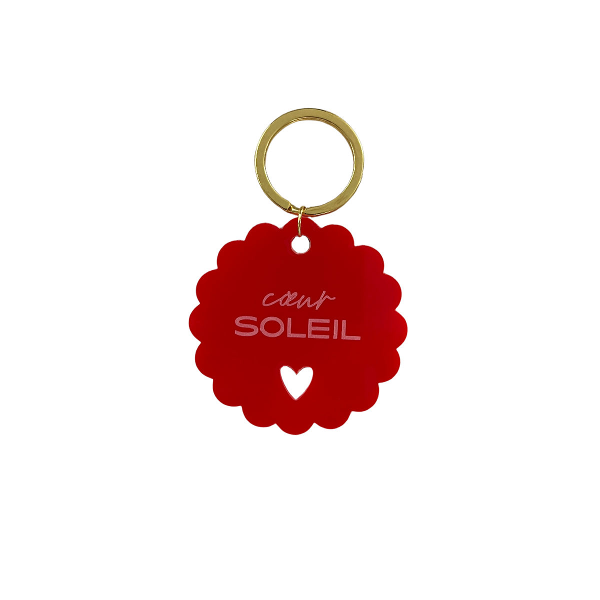 Porte-clés rouge en forme de soleil, anneau doré, inscription « cœur SOLEIL »