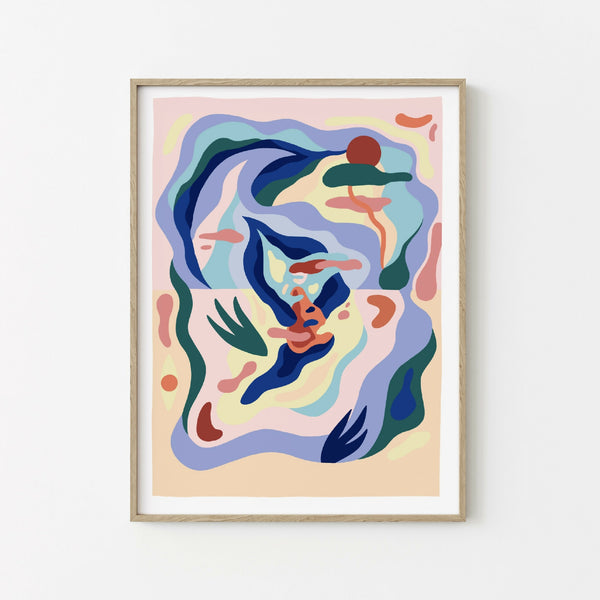 Affiche artistique encadrée, illustration abstraite aux formes fluides bleu et vert.