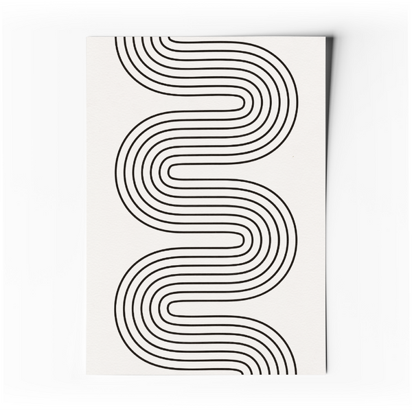 Affiche d’art abstrait minimaliste avec lignes courbes noires sur fond clair.