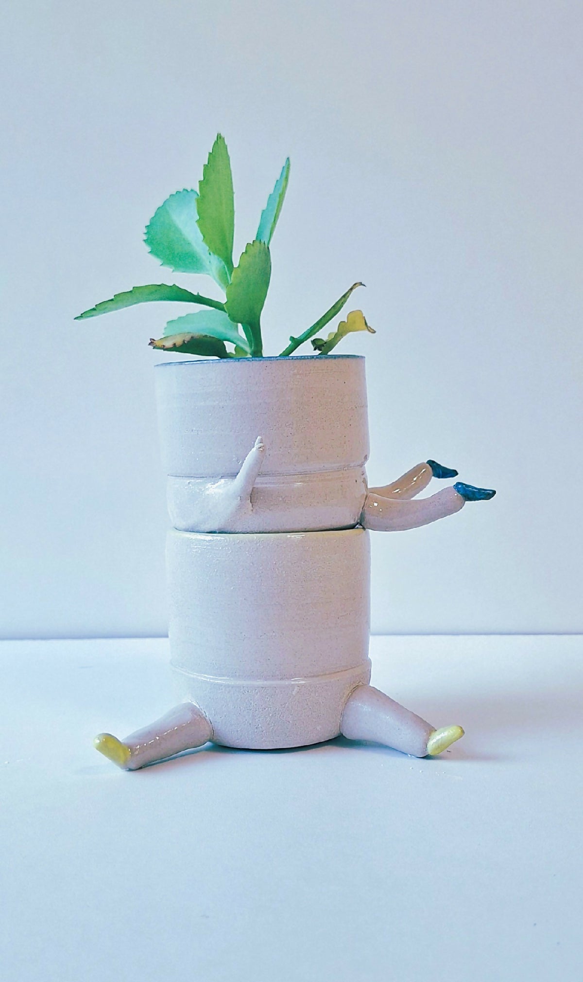Pot figuratif en céramique blanche empilé avec plante verte