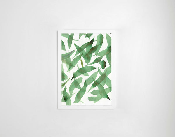 Aquarelle de feuillage vert : feuilles superposées sur fond clair, format carré.
