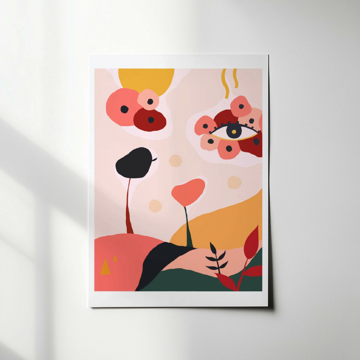 Illustration artistique BAUDOUIN encadrée, motif abstrait aux tons roses, noir et jaune