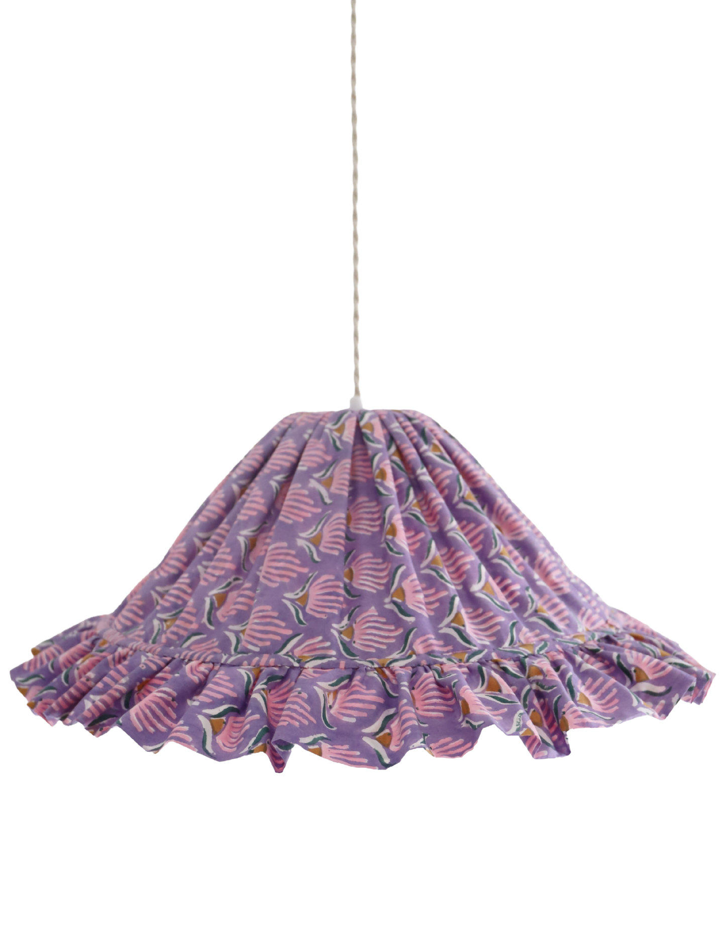 Suspension conique Emilia « Purple Shell Flowers », luminaire artisanal