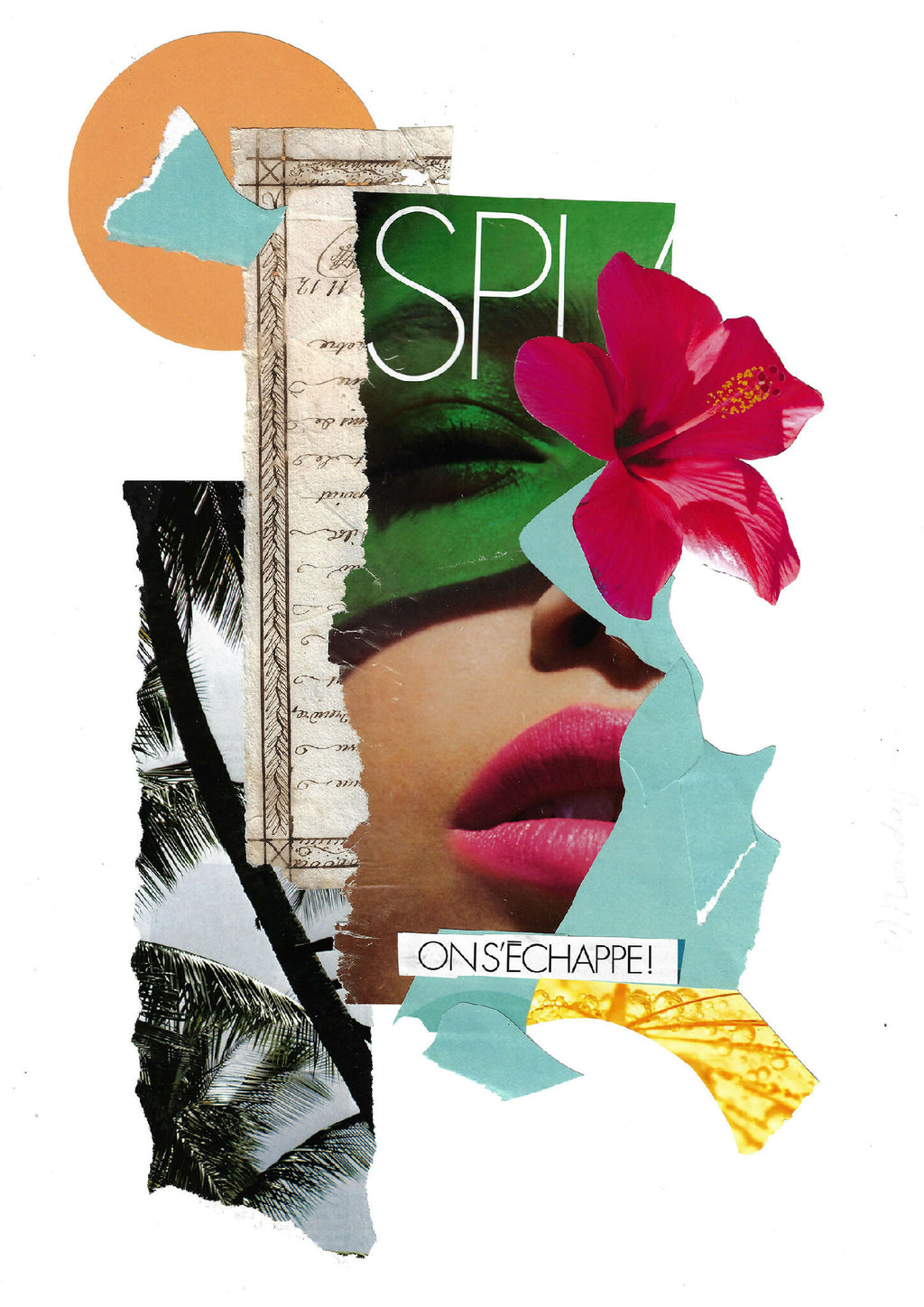 Collage avec texte vert « SP », fleur rose, lèvres rouges et formes turquoise