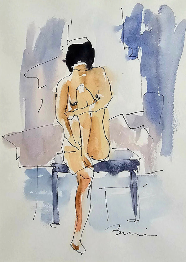 Dessin original Aurélie : femme assise, style esquisse aquarelle bleue