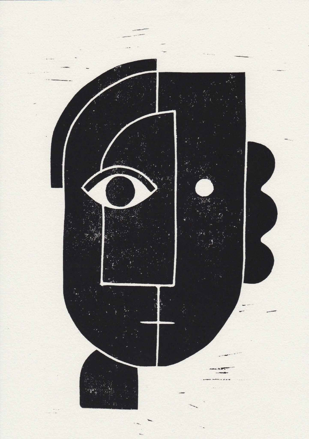 Linogravure, visage abstrait noir et contours blancs, gros plan