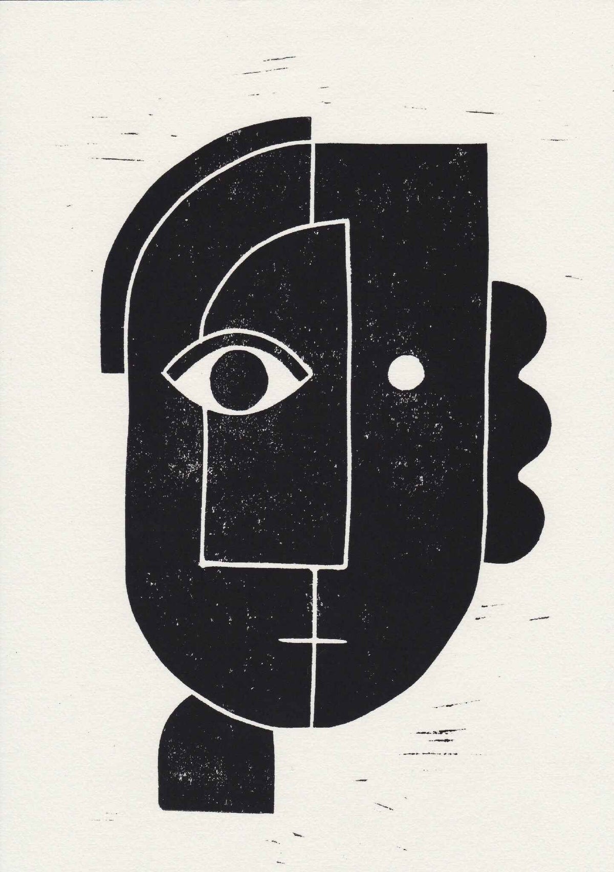 Linogravure, visage abstrait noir et contours blancs, gros plan