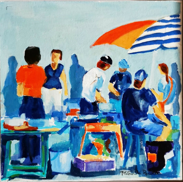 Tableau original encadré : scène de marché du port, personnages en bleu et orange, parapluie