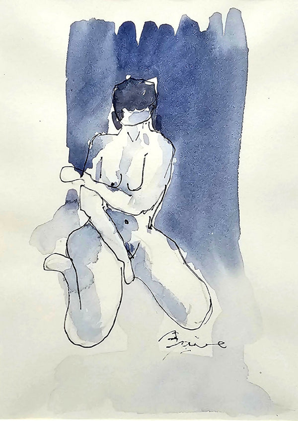 Dessin original Adéle, aquarelle d’une femme de profil, robe blanche, fond bleu