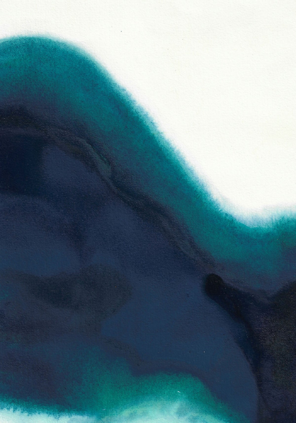 Tableau abstrait aquarelle encadré, gros plan sur formes bleu nuit et turquoise