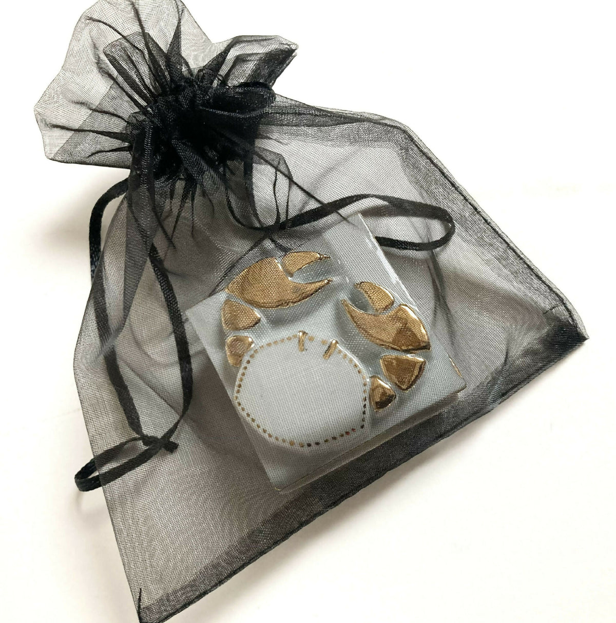 Boîte à bijoux en porcelaine dans sachet organza noir, motif doré