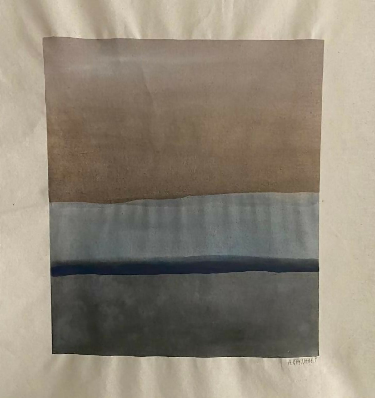 Toile abstraite rectangulaire beige et bleu nuit, bande horizontale