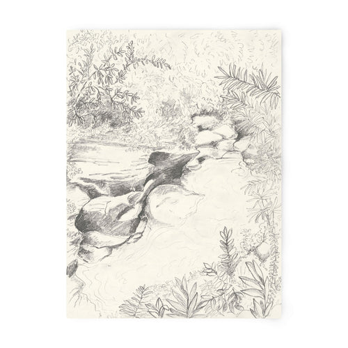 Tirage d’art numéroté et signé, gravure monochrome de végétation et plan d’eau
