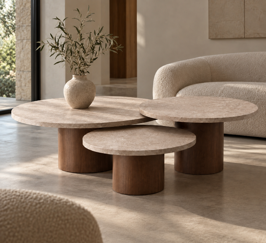 Set of travertine and beech wood coffee tables