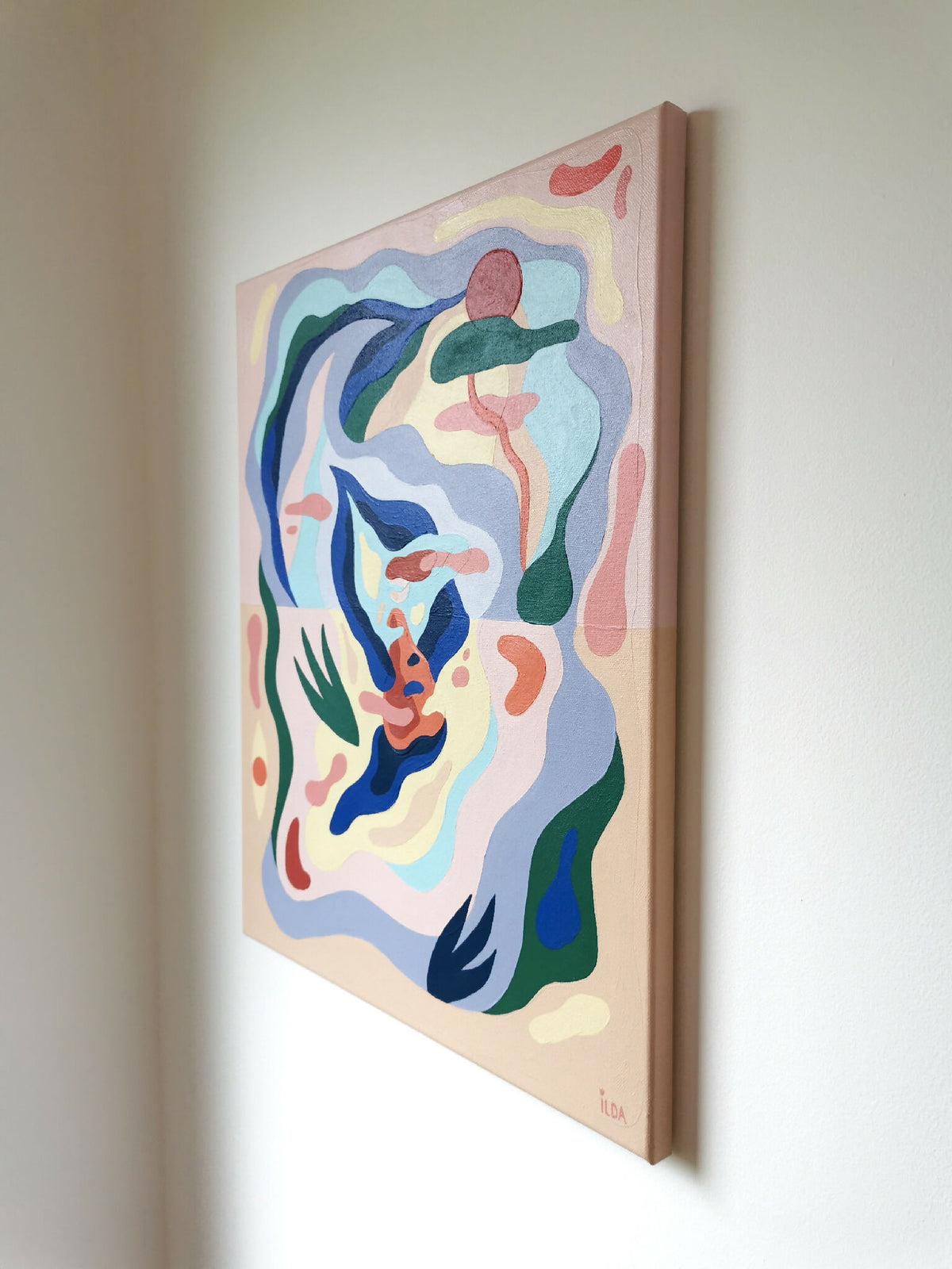 Peinture acrylique abstraite, visage stylisé multicolore sur toile encadrée