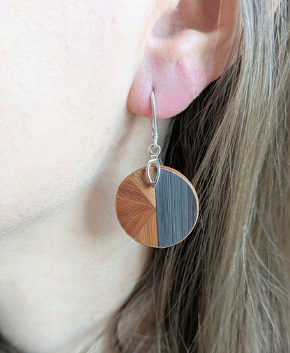 Boucles d'oreilles Rondes avec marqueterie Cuivre et Gris crochets argent