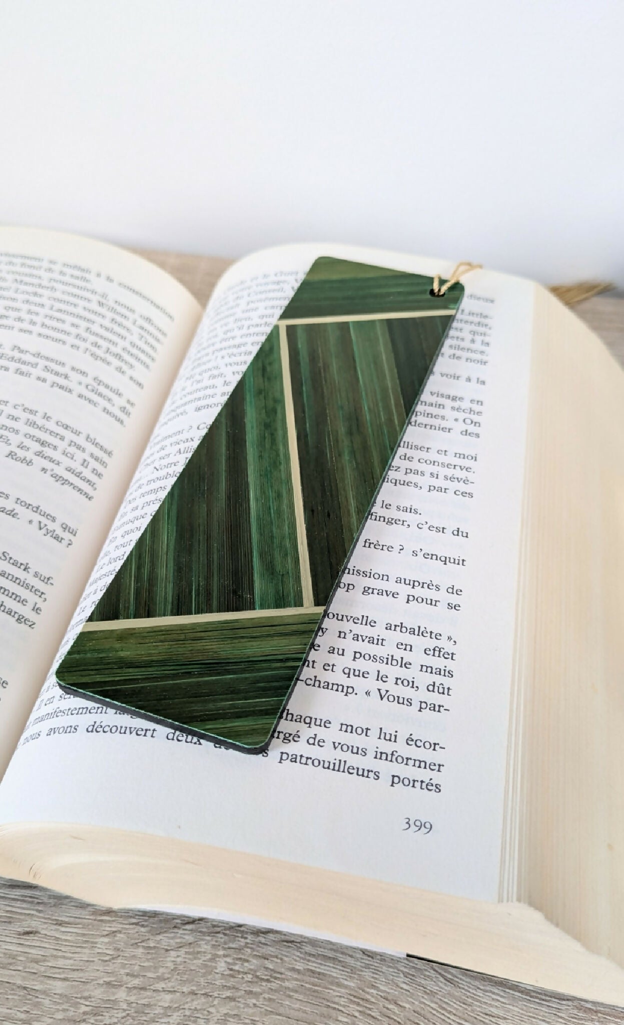 Marque-pages avec marqueterie de paille Vert/Gris Anthracite/Beige