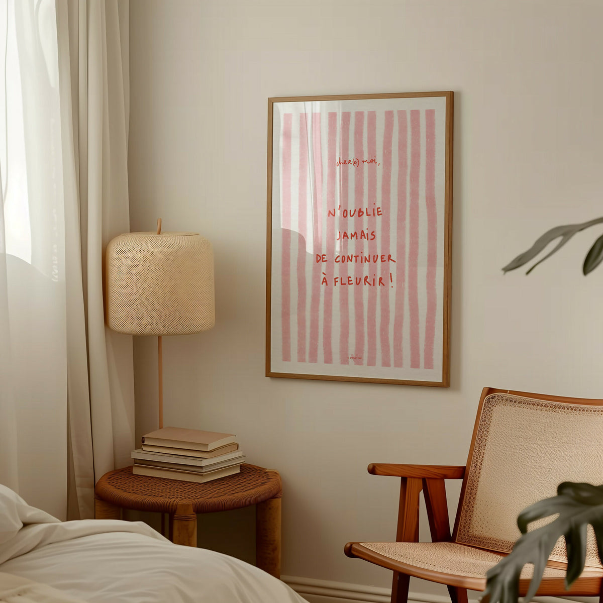 Affiche encadrée à rayures roses avec texte décoratif, format vertical