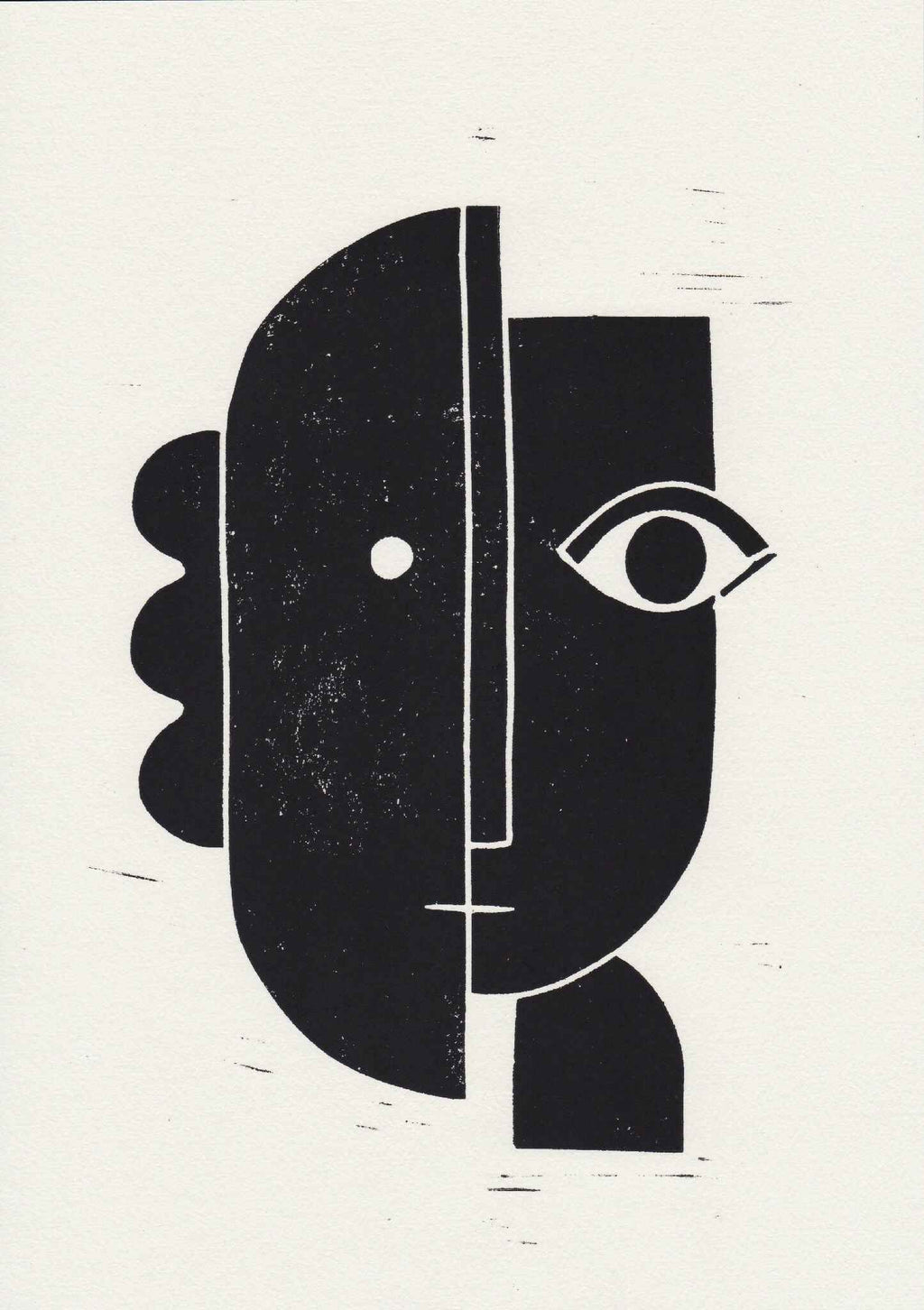 Linogravure (détail) : formes abstraites noires, œil stylisé, lignes verticales et horizontales.