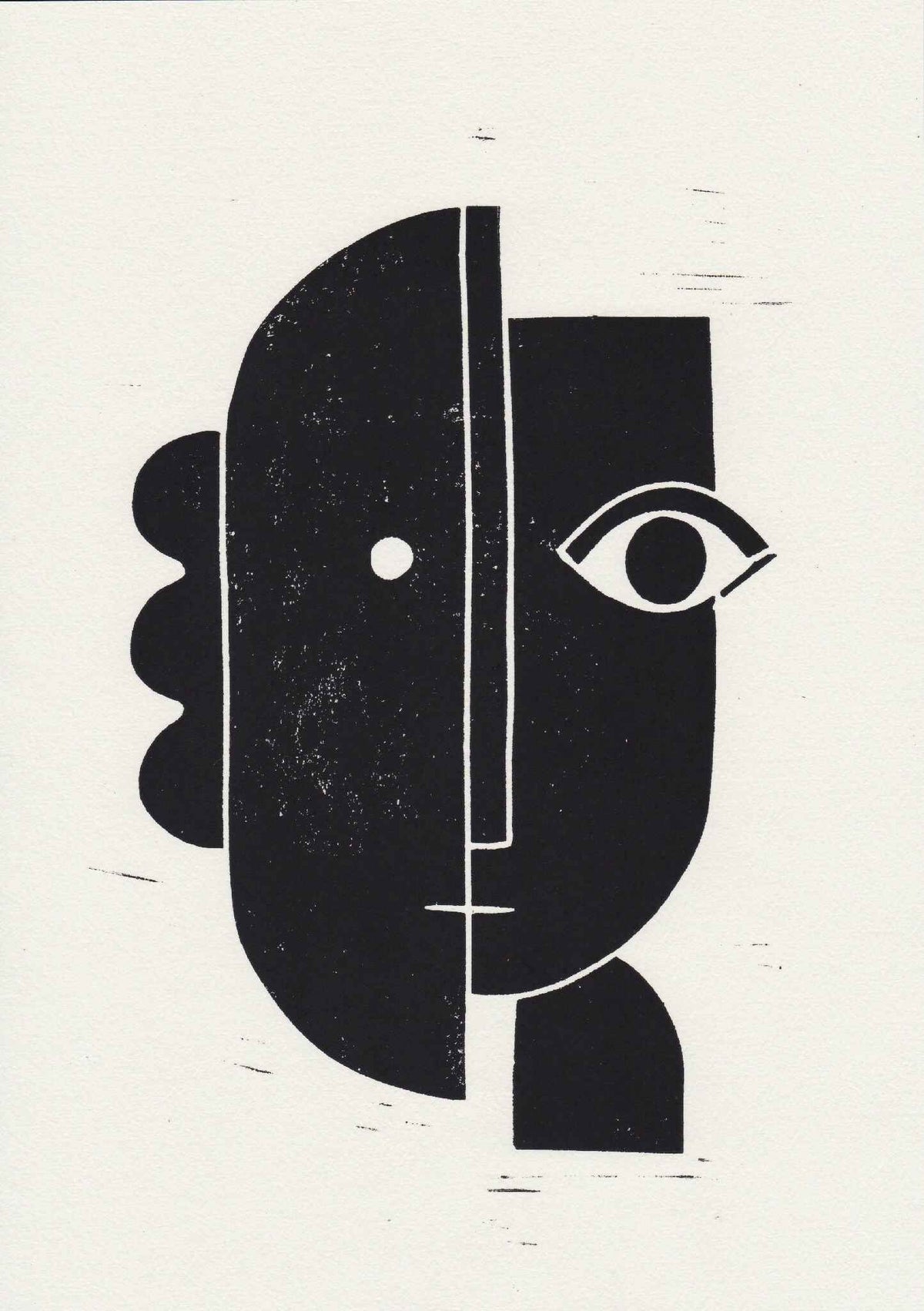 Linogravure (détail) : formes abstraites noires, œil stylisé, lignes verticales et horizontales.
