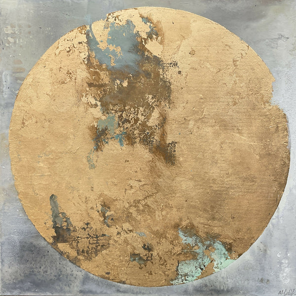 Peinture abstraite circulaire « Terre de Lune » beige avec taches bleu-vert patinées