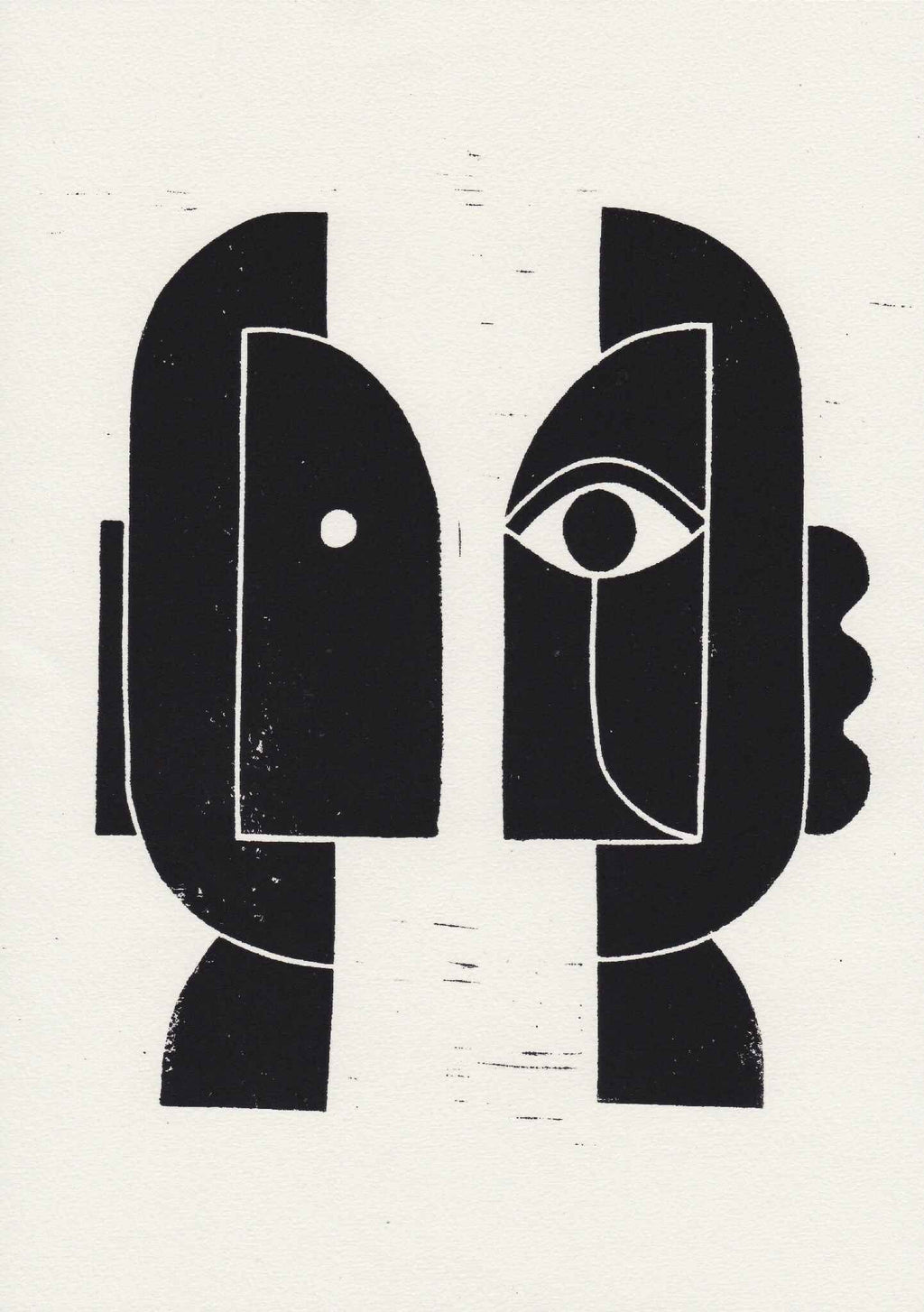 Linogravure, deux visages géométriques noirs avec lignes blanches