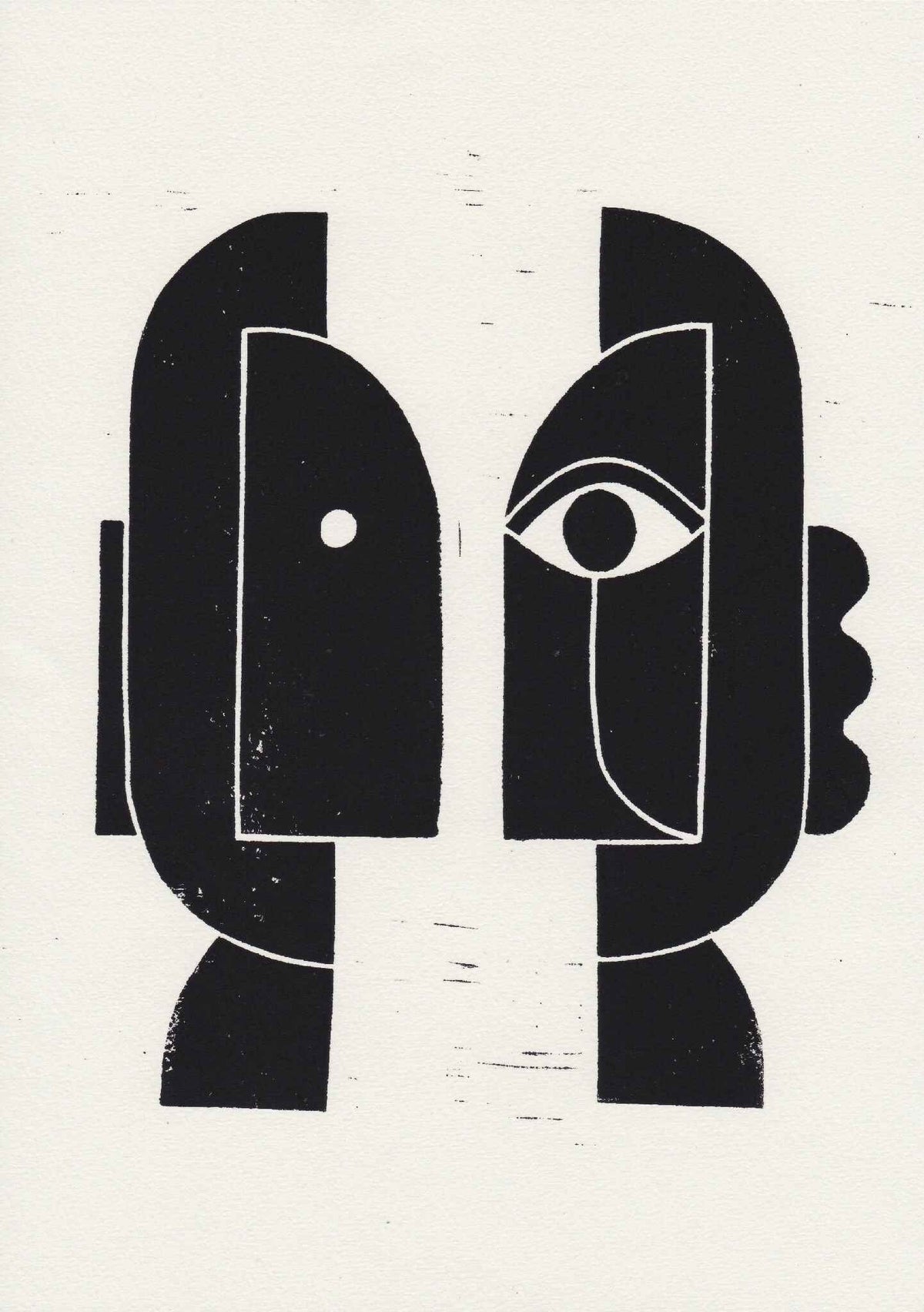Linogravure, deux visages géométriques noirs avec lignes blanches