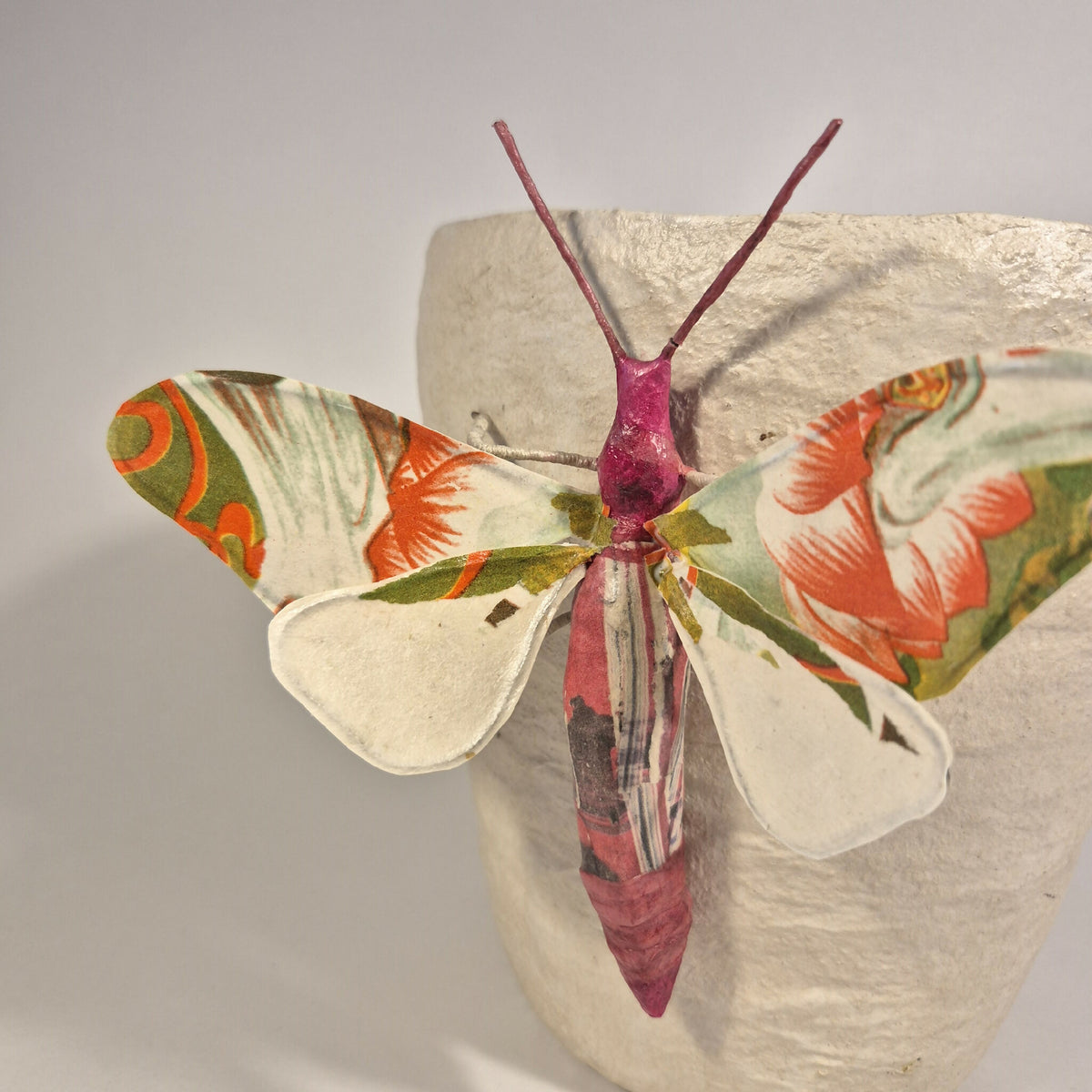 Sculpture de papillon multicolore sur pot en béton clair, gros plan des ailes